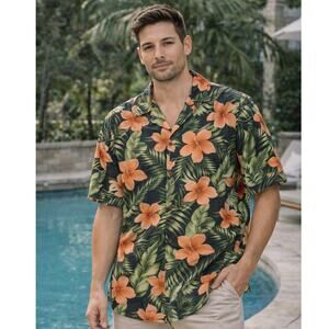 Caribbean Button Up Shirt Mens Size XL Black Floral 100% Silk Tropical Hawaiian